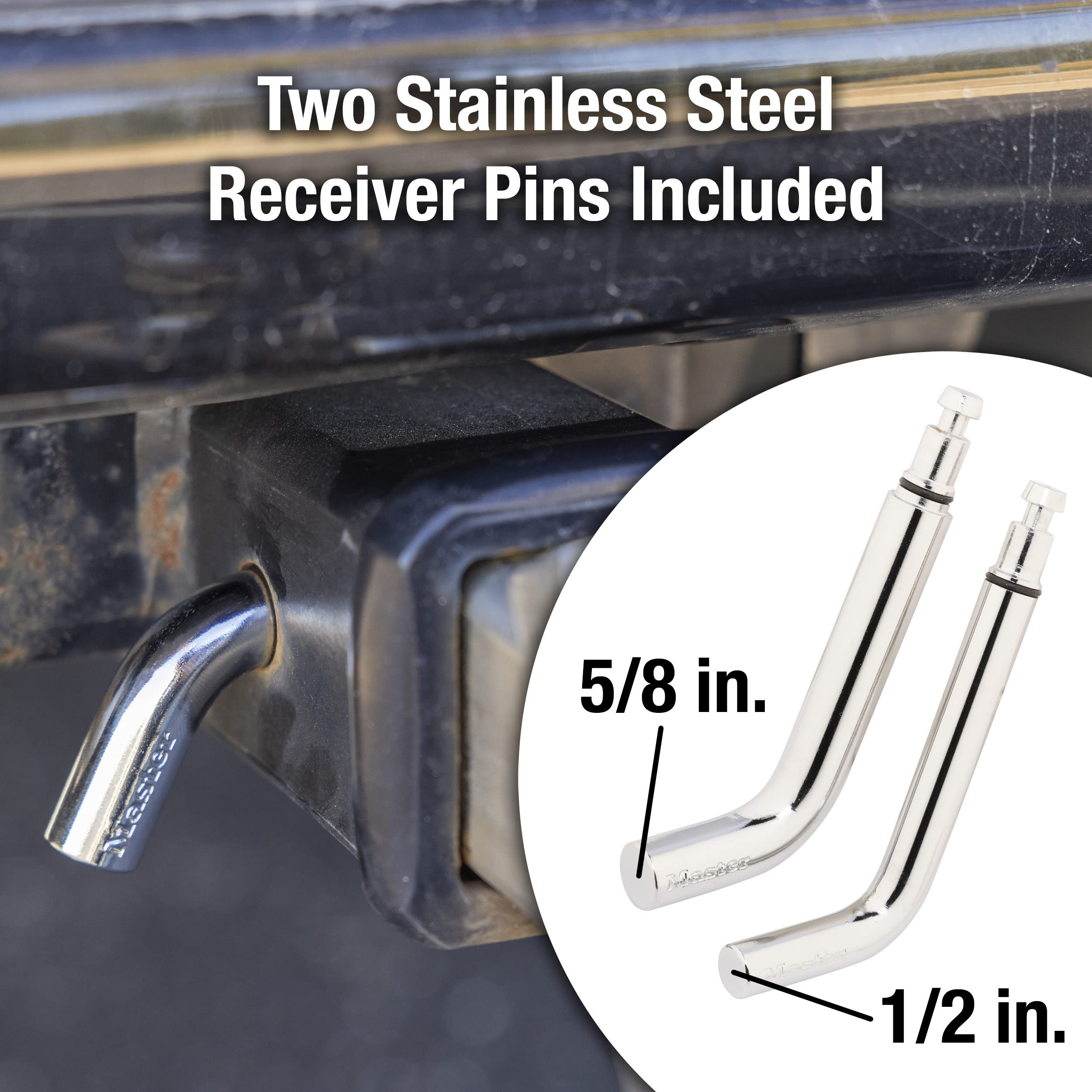 Master Lock coupler lock detail with adjustable shackle for secure and adaptable latch fit