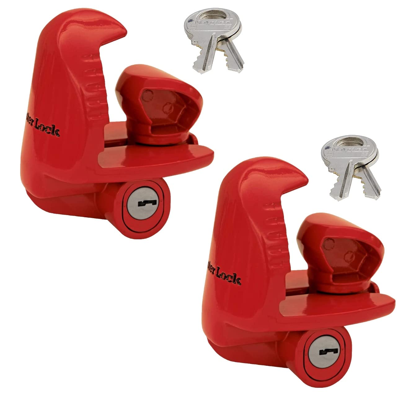 Master Lock coupler lock front view with bright red finish showing security and visibility