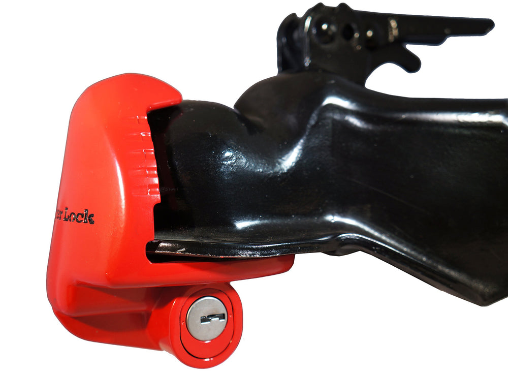 Master Lock coupler lock installed on trailer coupler demonstrating theft deterrent and fit