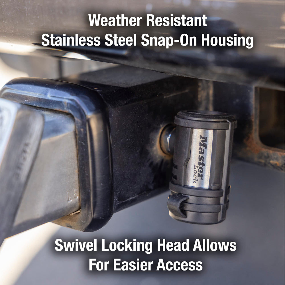 Master Lock coupler lock fitted on trailer latch showing snug fit and tamper-resistant profile