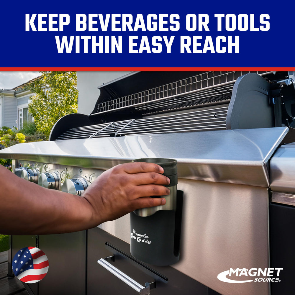 Master Magnetics caddy holding an insulated mug for secure beverage storage