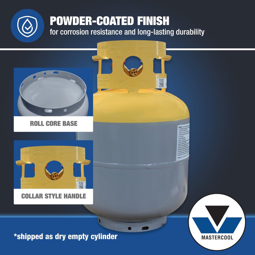 Mastercool cylinder beside a toolbox to show size and technician-friendly scale
