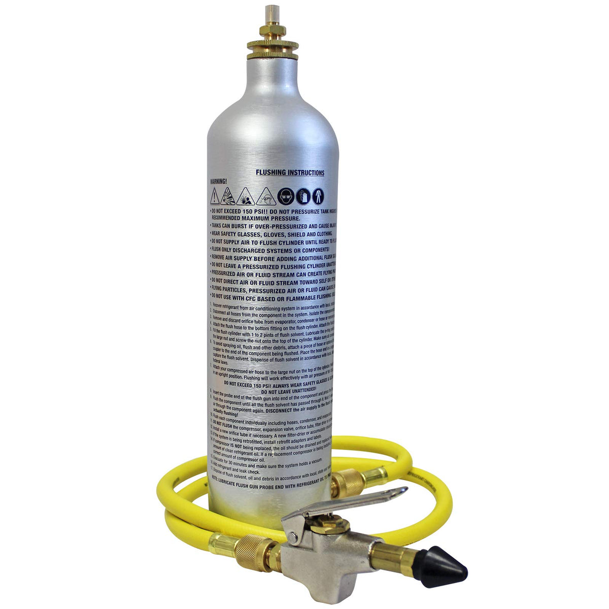 Mastercool flush kit front view showing gun, 36-inch hose and 33 oz canister for fast cleaning
