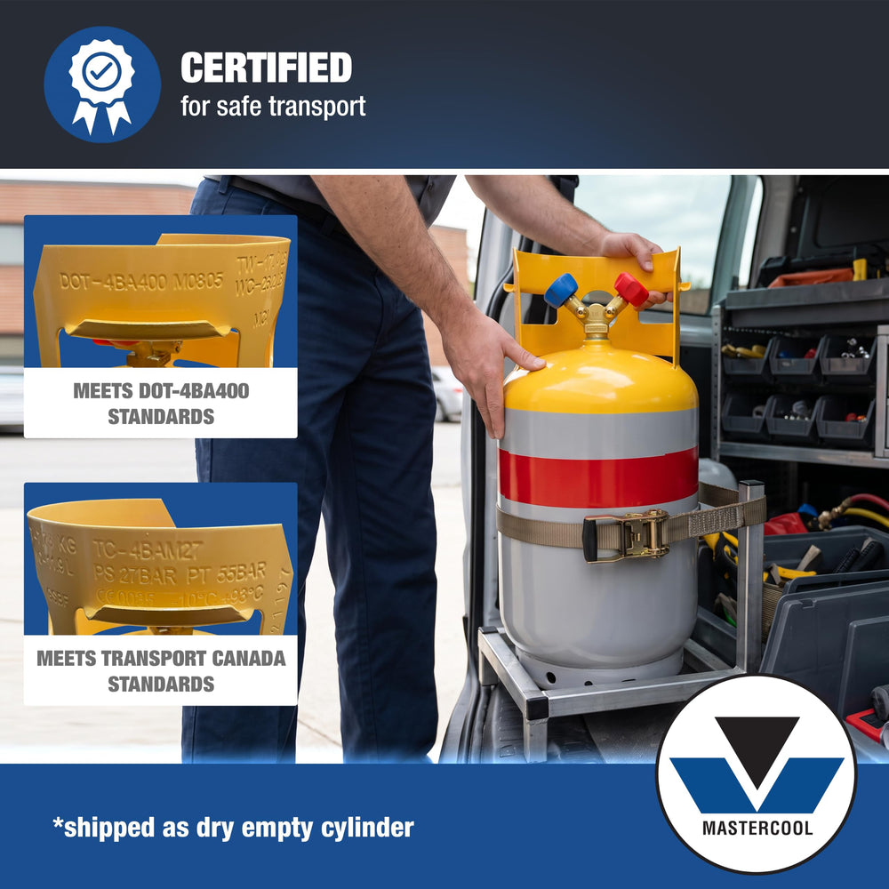 Mastercool technician connecting recovery hoses to cylinder for efficient refrigerant recovery