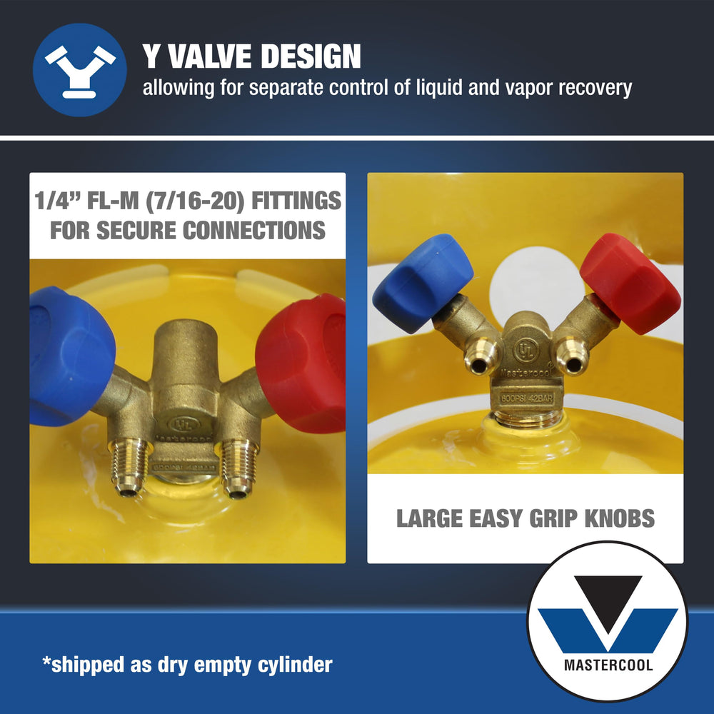 Mastercool cylinder beside common tools demonstrating compact size and portability