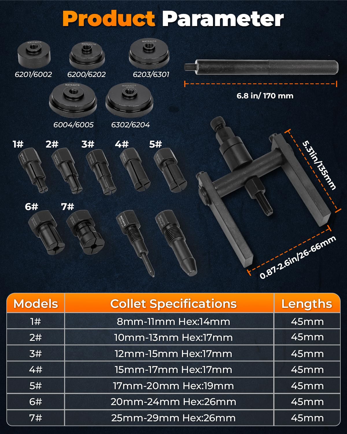 MateAuto double-sided adapters detail illustrating adapter faces and safe bearing contact to prevent damage