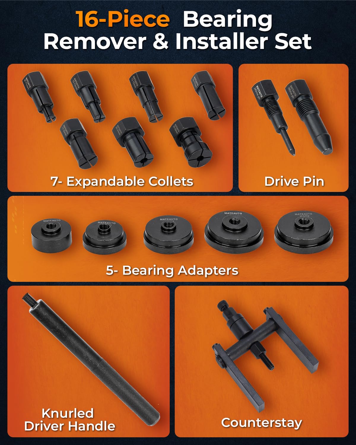 MateAuto expandable collets close-up showing knurled finish and range markings for precise inner-diameter fit
