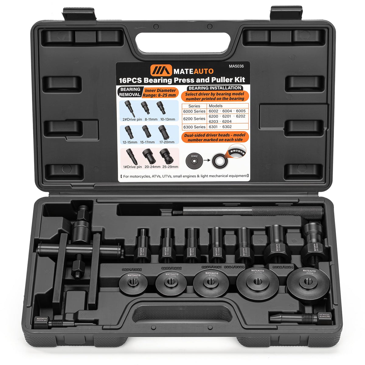 MateAuto front packaging showing full 16-piece kit and organized case for quick identification and portability