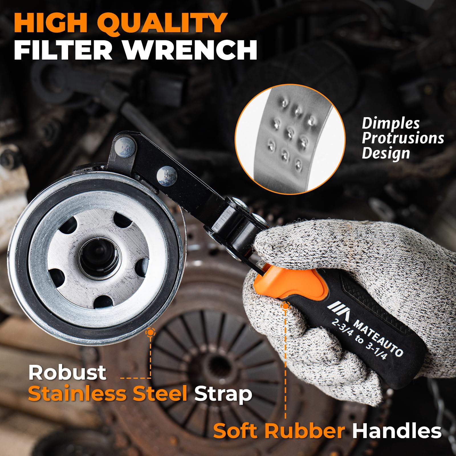 MateAuto long-handled oil filter pliers displayed for extra reach and leverage