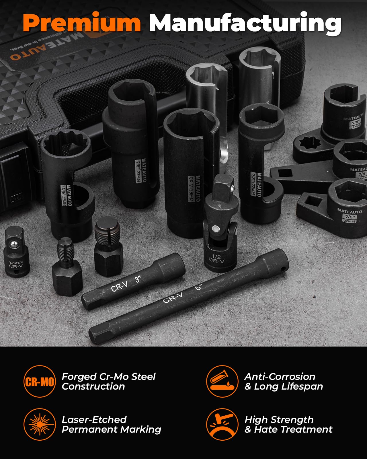 MateAuto laser-etched size markings on sockets for quick identification and accuracy