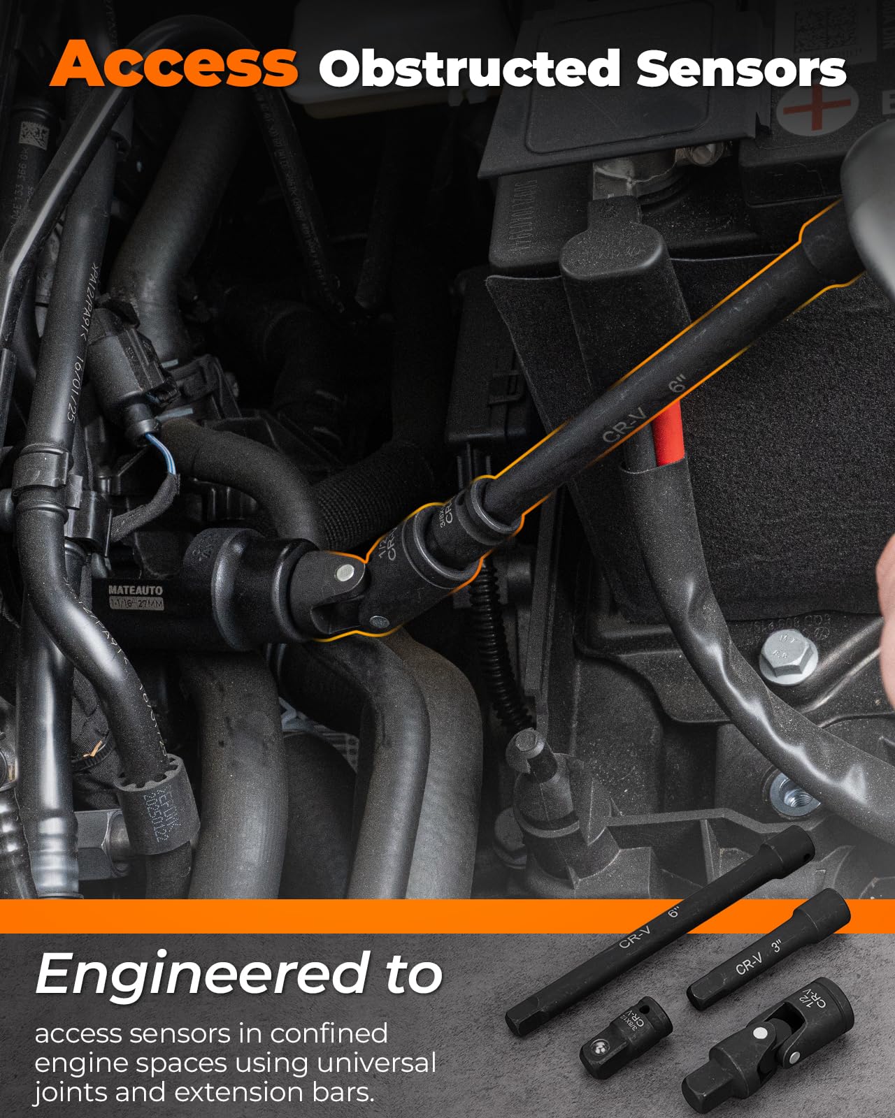 MateAuto universal joint in use reaching angled sensor behind manifold, improves access