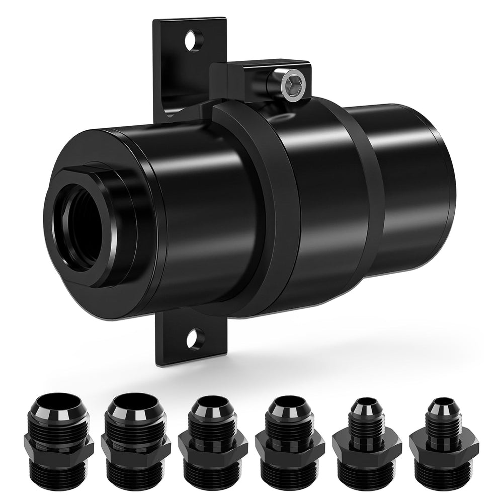 MATWEI front view inline fuel filter showing compact aluminum housing and bracket