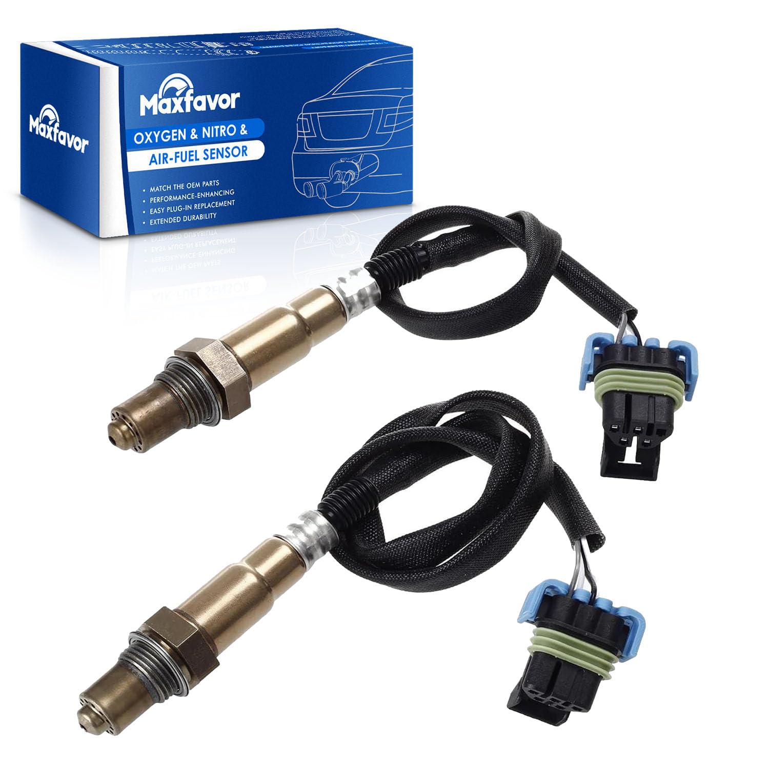 Maxfavor front packaging showing both oxygen sensors and benefits of OE fit