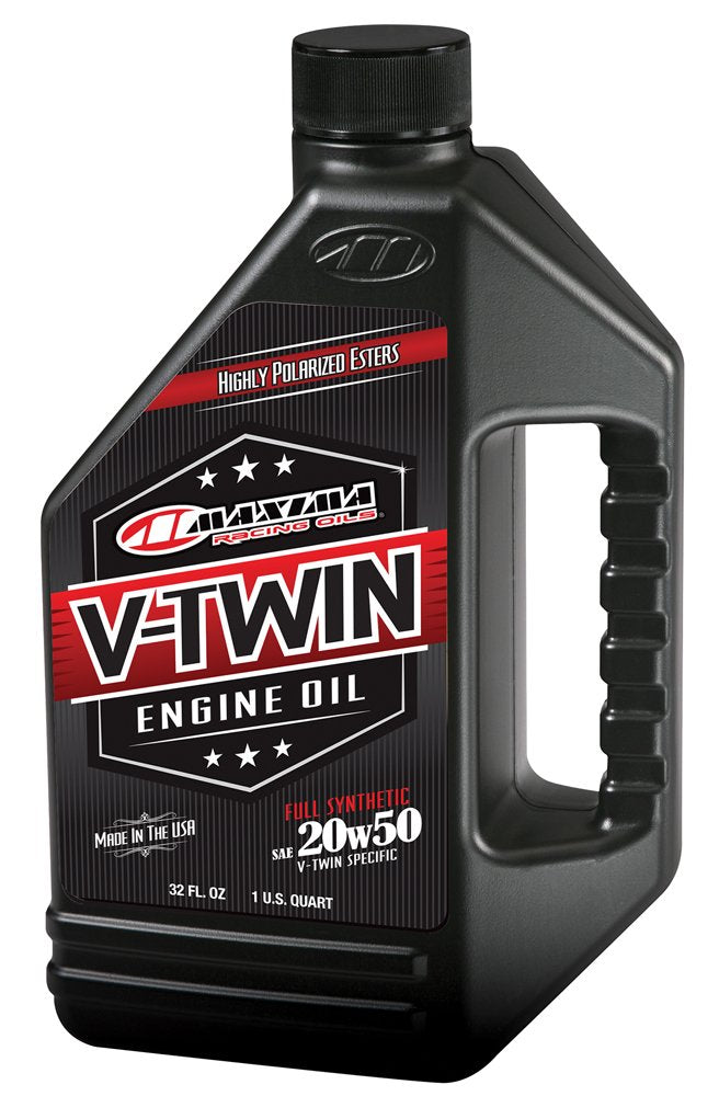 MaxHiflo V-Twin full synthetic 20W-50 bottle close-up highlighting label and pour spout for accurate service