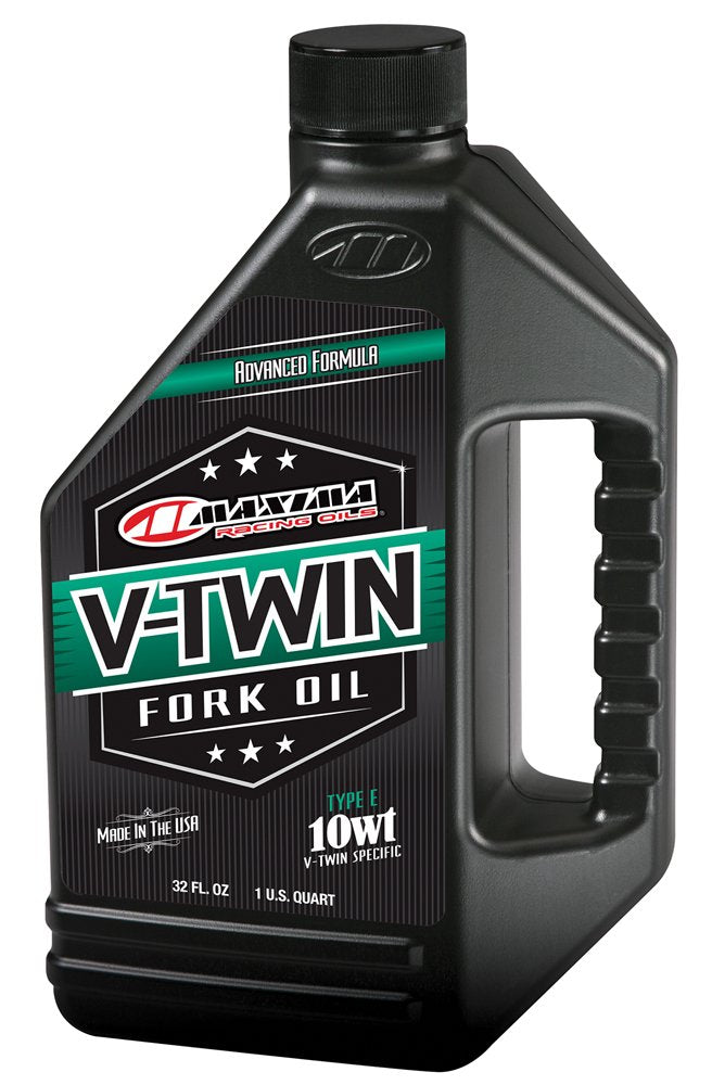 Maxima V-Twin Fork Oil 10wt front bottle view showing label and benefit of consistent damping