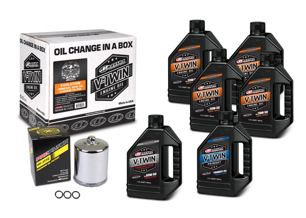 Maxima V-Twin kit front packaging showing oil bottle and chrome filter for quick service