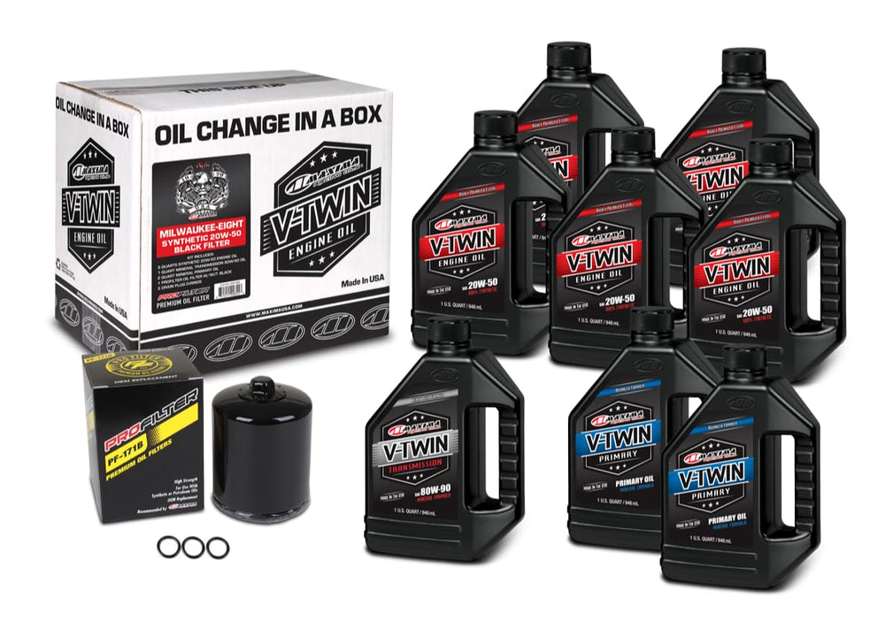Maxima kit front packaging showing oil bottle and black filter for reliable engine protection