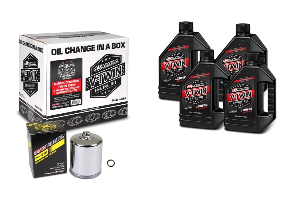 Maxima V-Twin kit front view showing oil bottle and chrome filter, enhances quick maintenance