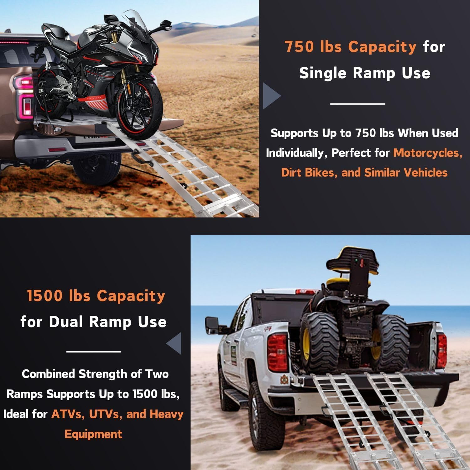 MAXIVAMN ramp in use with motorcycle demonstrating secure loading into truck bed