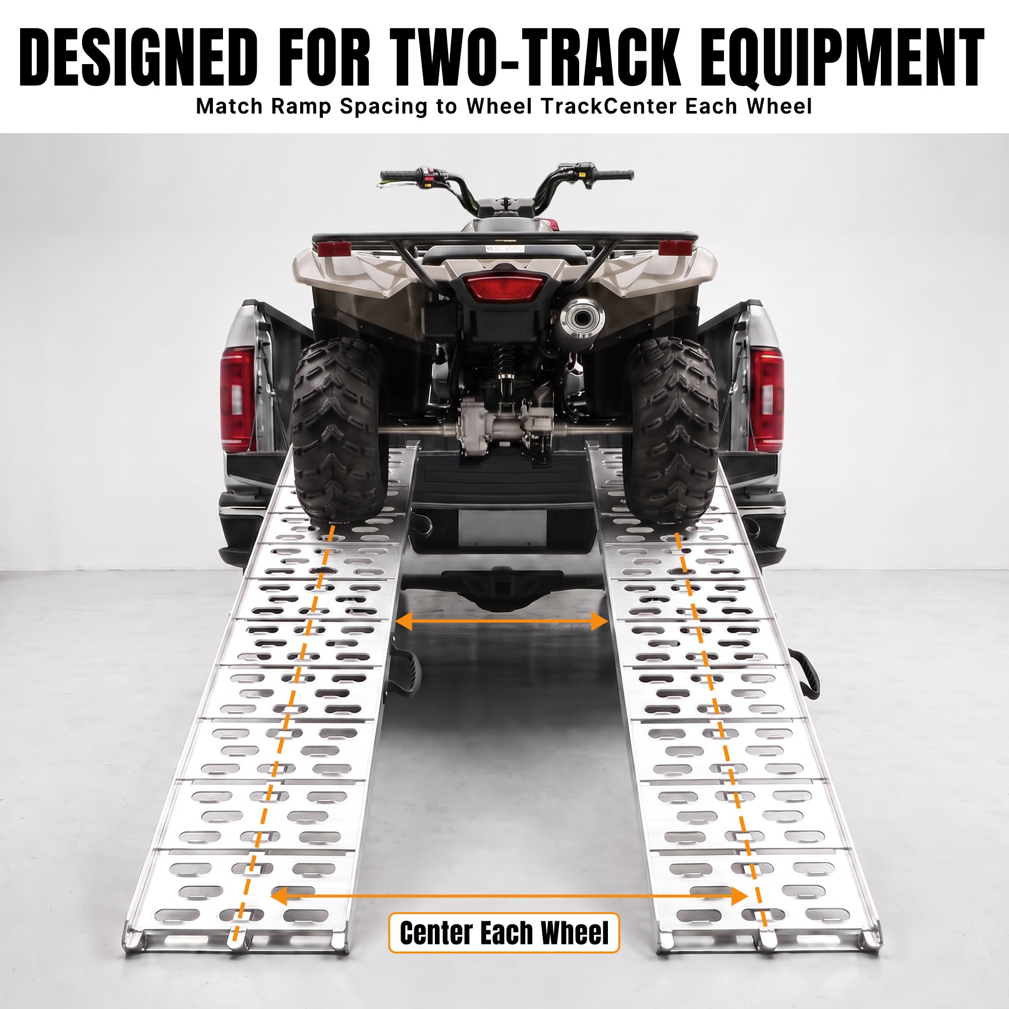 MAXIVAMN ramps attached to pickup tailgate with straps showing secure setup