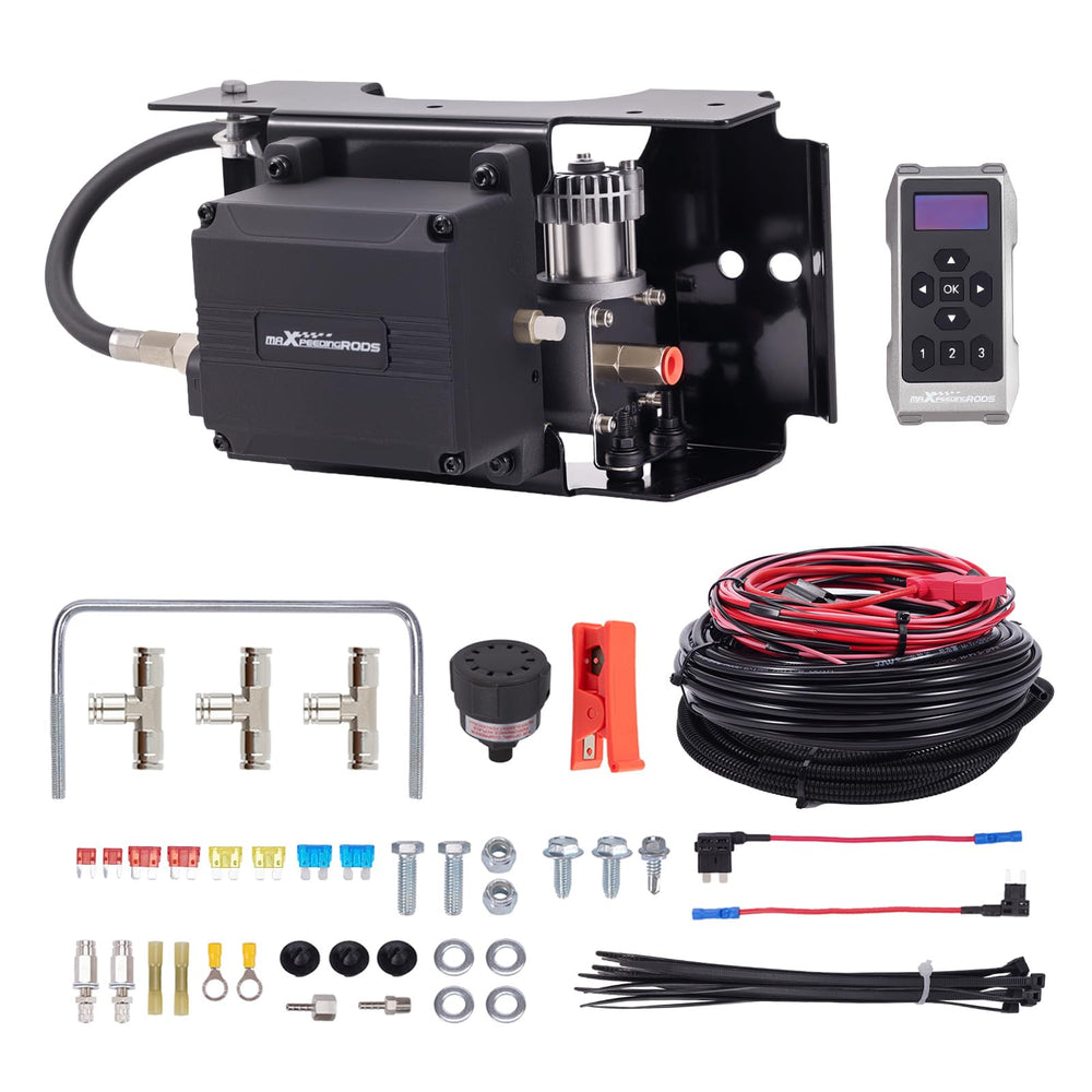 maXpeedingrods compressor front view showing durable metal housing and mounting ease