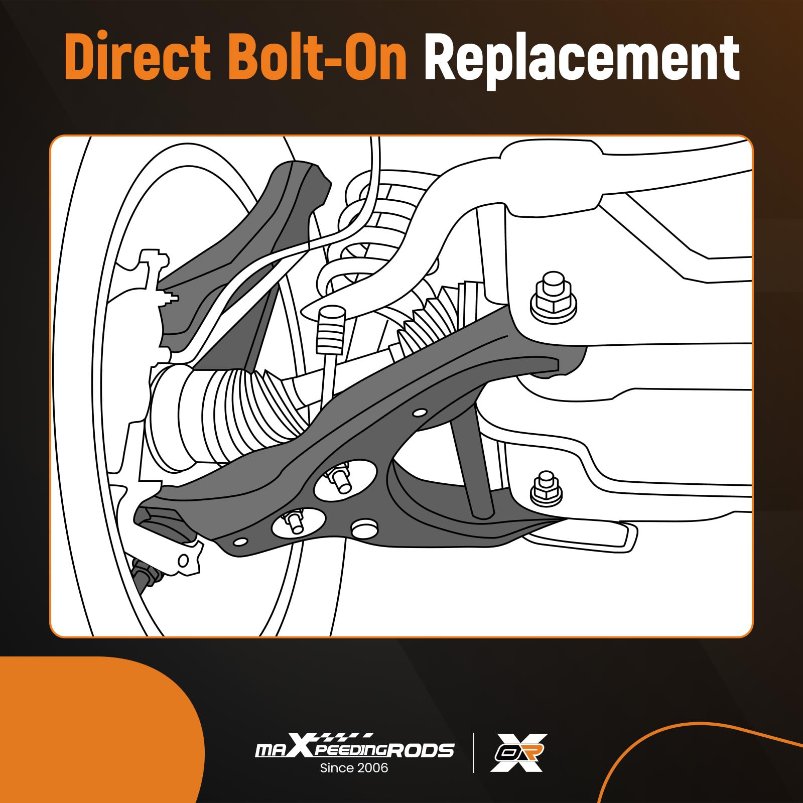 maXpeedingrods control arm installed on vehicle front suspension demonstrating improved stability