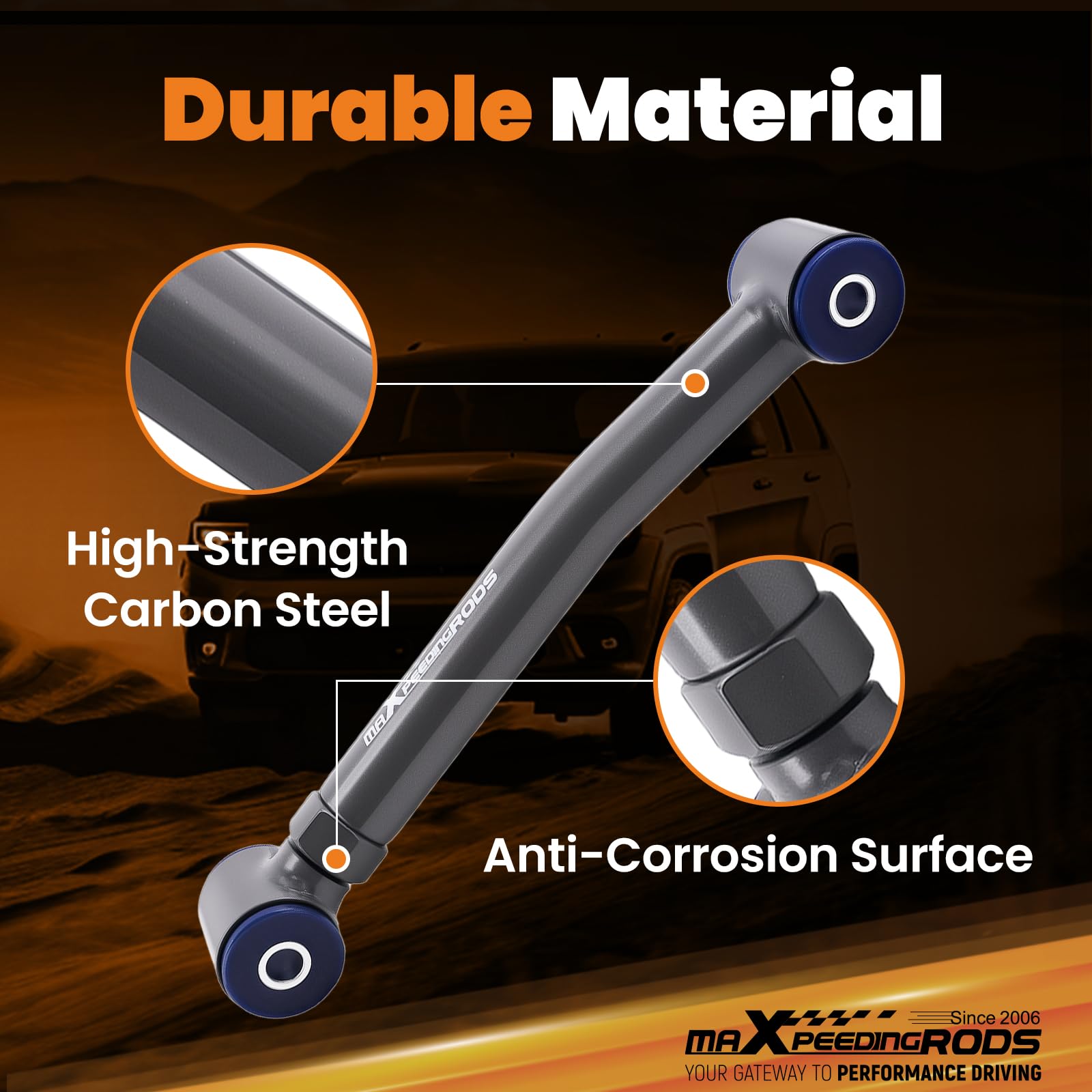maXpeedingrods lower control arm detail highlighting adjustable length benefit