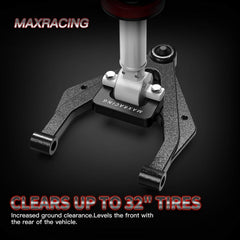 MAXRACING installed on vehicle front showing leveled stance and clearance