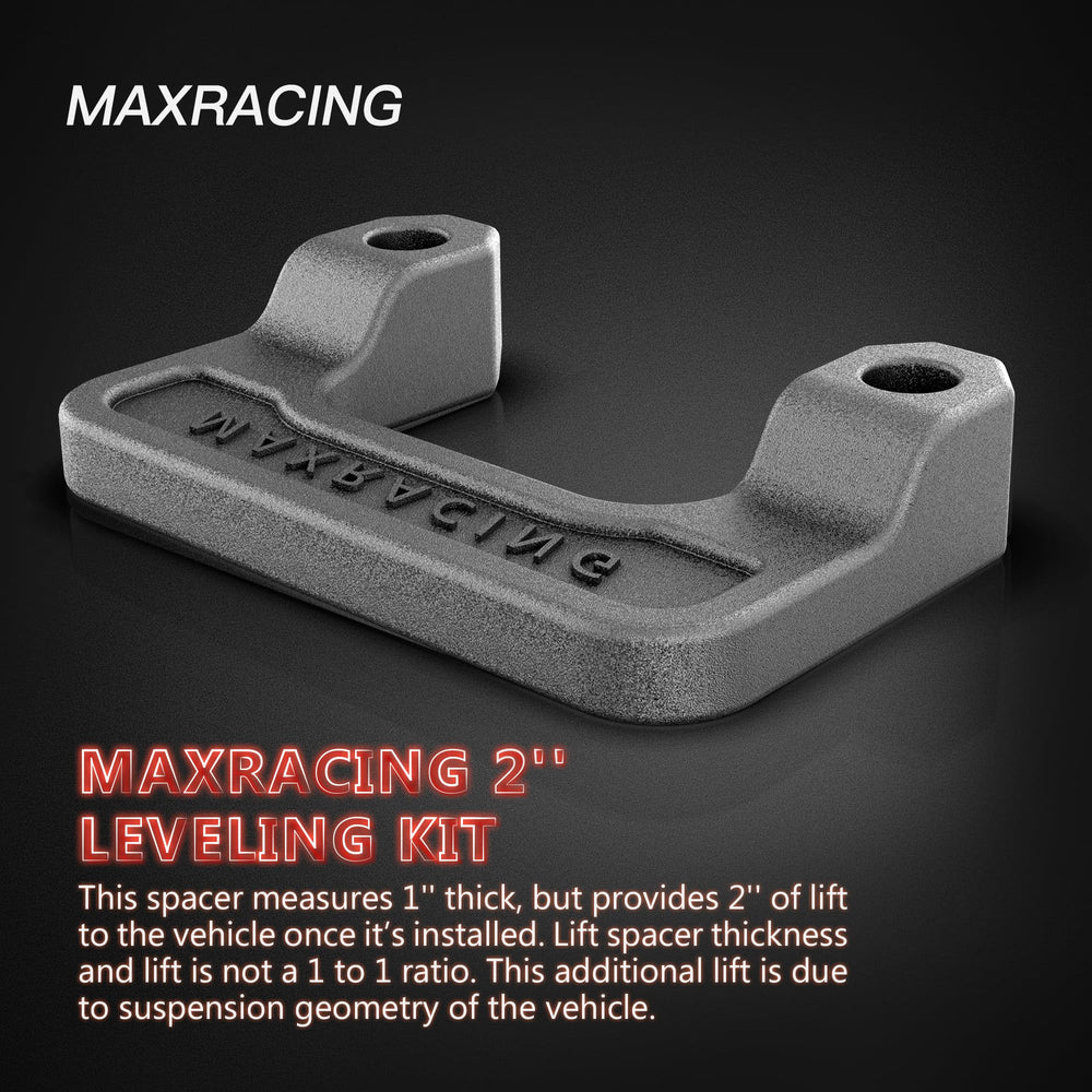 MAXRACING kit installed on Silverado front showing leveled stance benefit