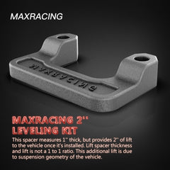 MAXRACING kit installed on Silverado front showing leveled stance benefit