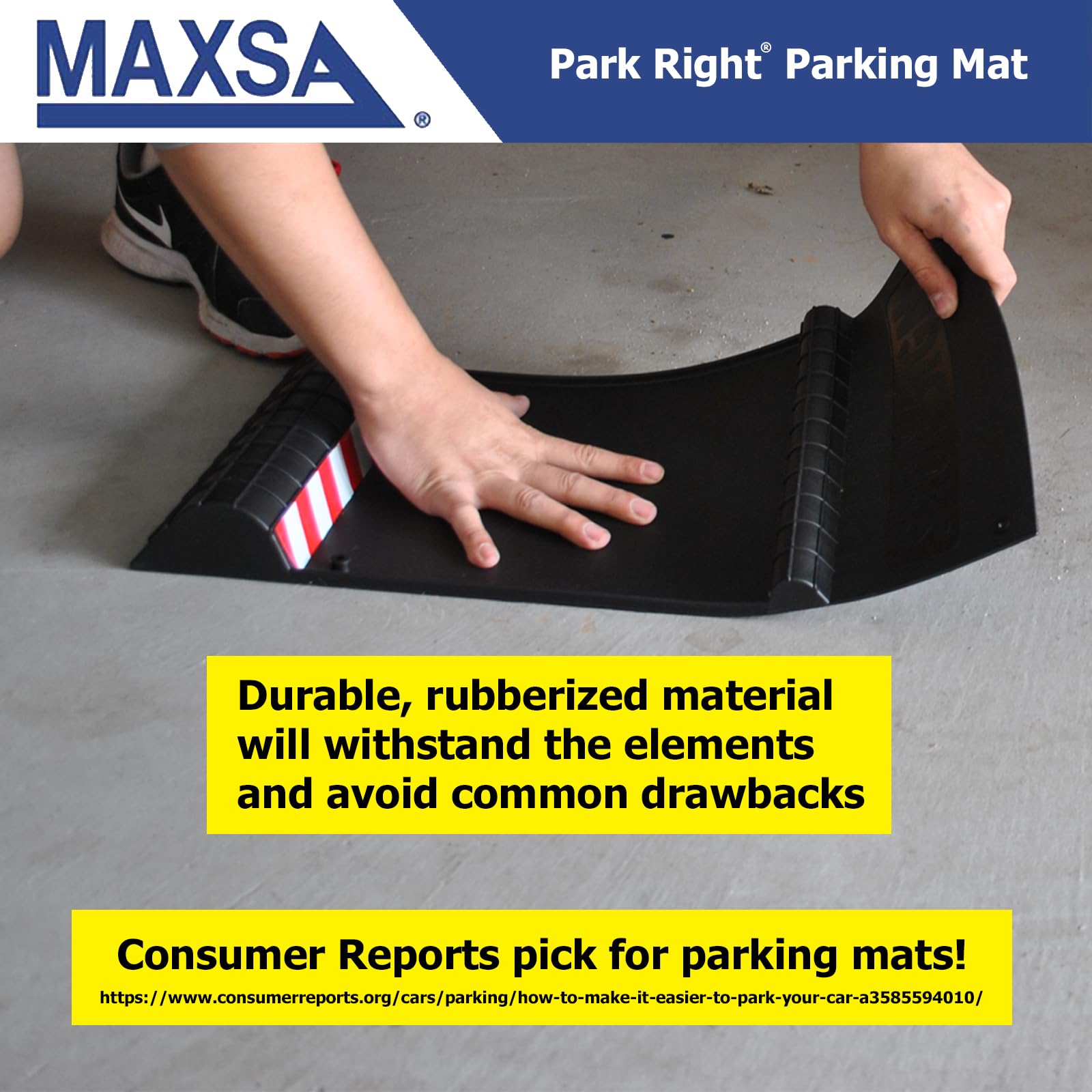 Maxsa underside showing anti-skid tape securing the mat to concrete and preventing movement