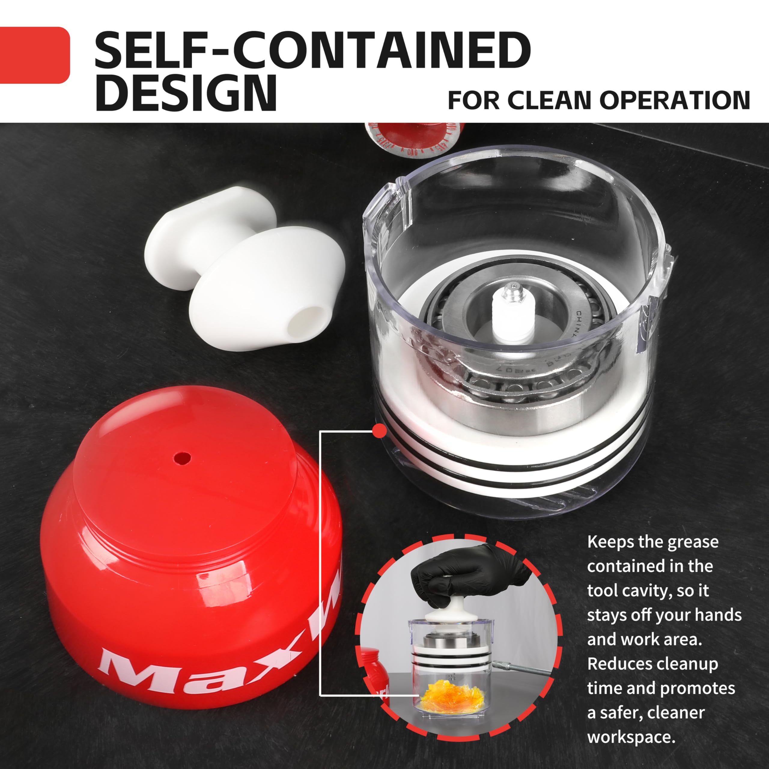 MaxWorks tool cavity with expelled grease illustrating contained cleanup benefit