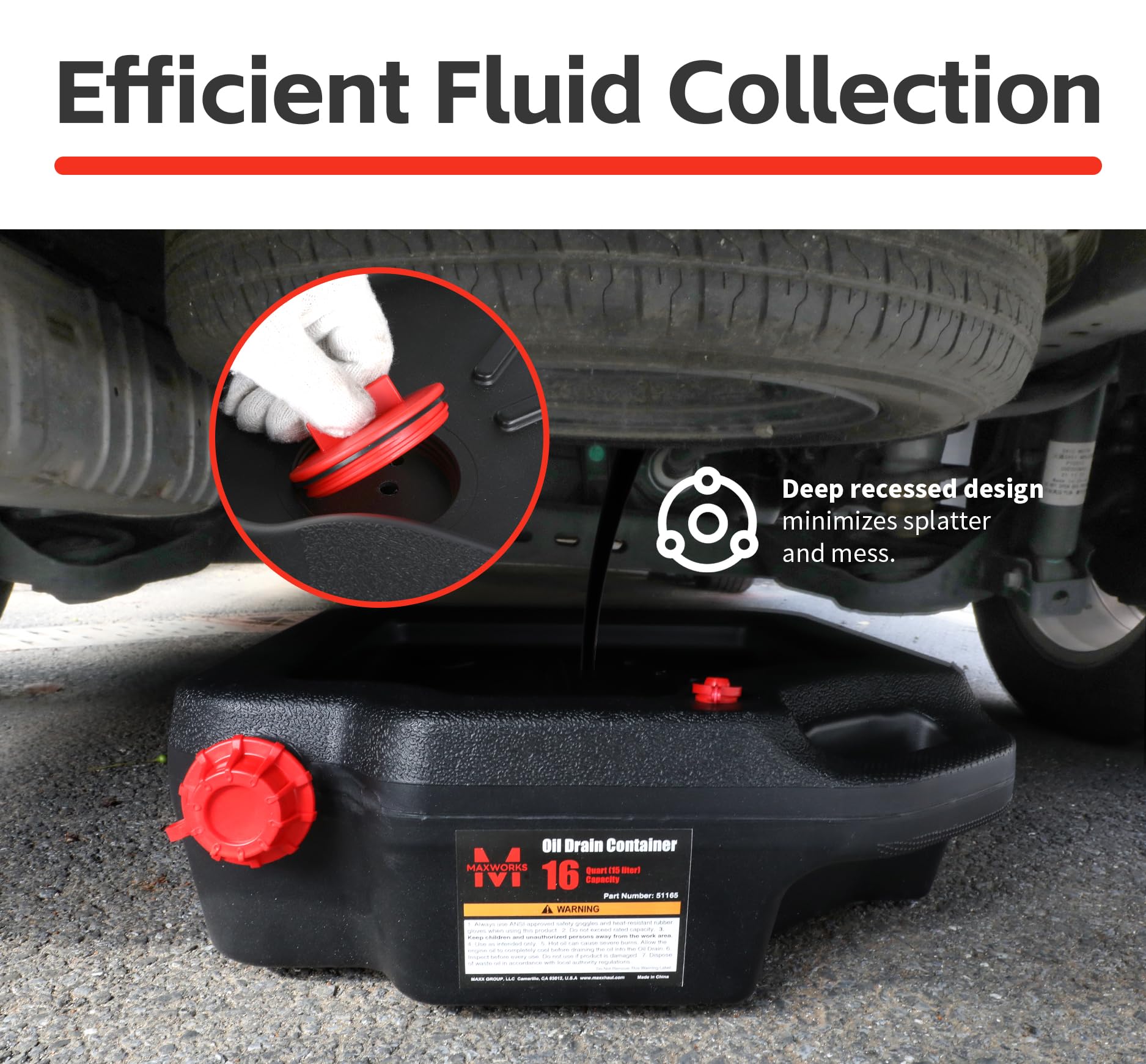 MaxWorks container positioned under truck drain collecting oil with minimal mess