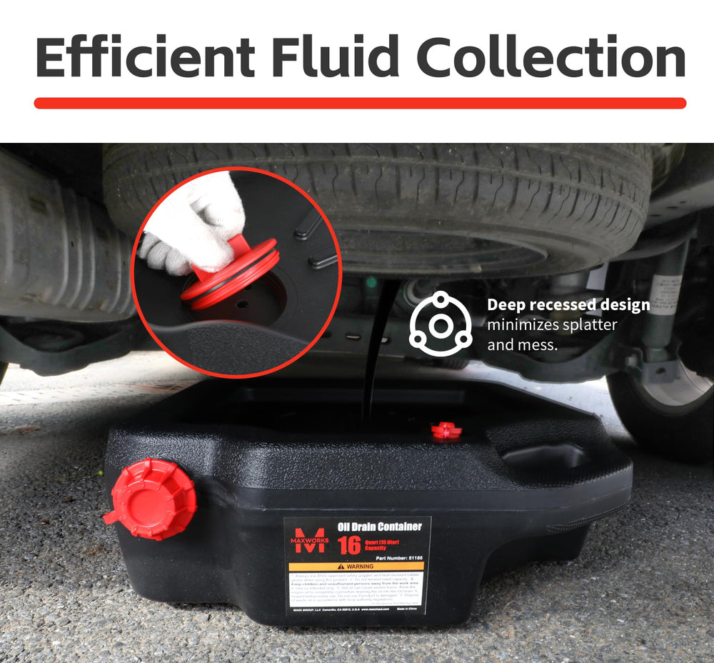 MaxWorks container positioned under truck drain collecting oil with minimal mess