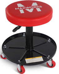 MaxWorks front view of roller seat showing compact base and tool tray for organized work