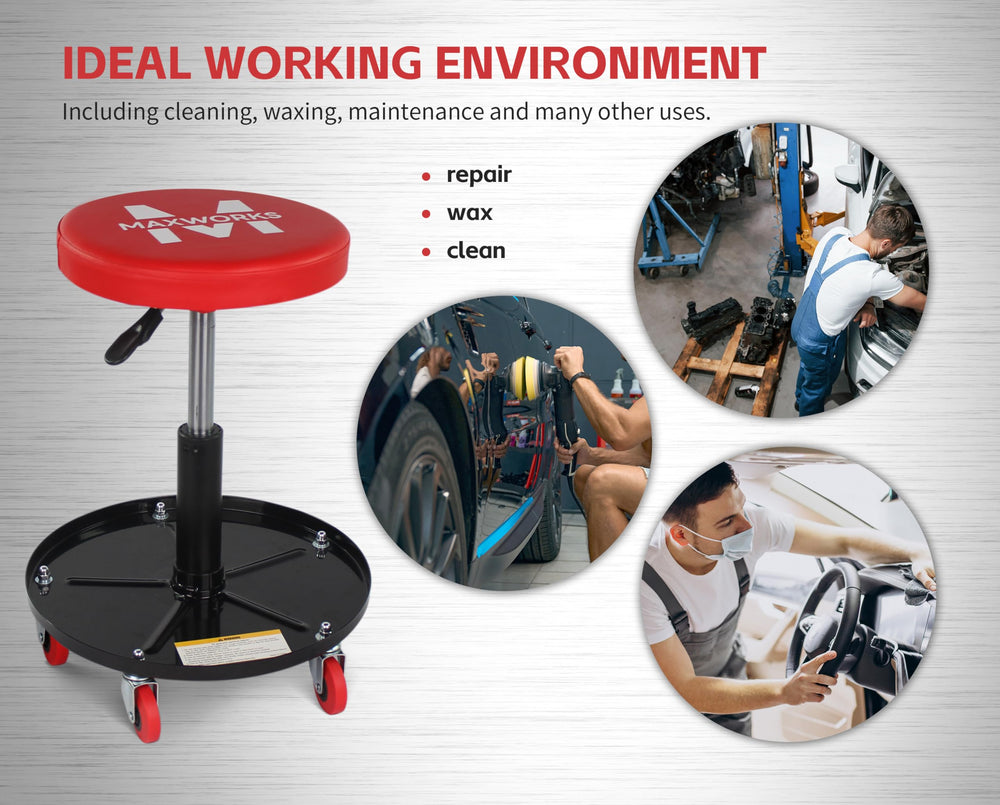 MaxWorks roller seat in garage showing practical use during vehicle detailing