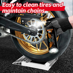 MAXXHAUL stand in use with motorcycle wheel mounted, enables safe spinning for maintenance