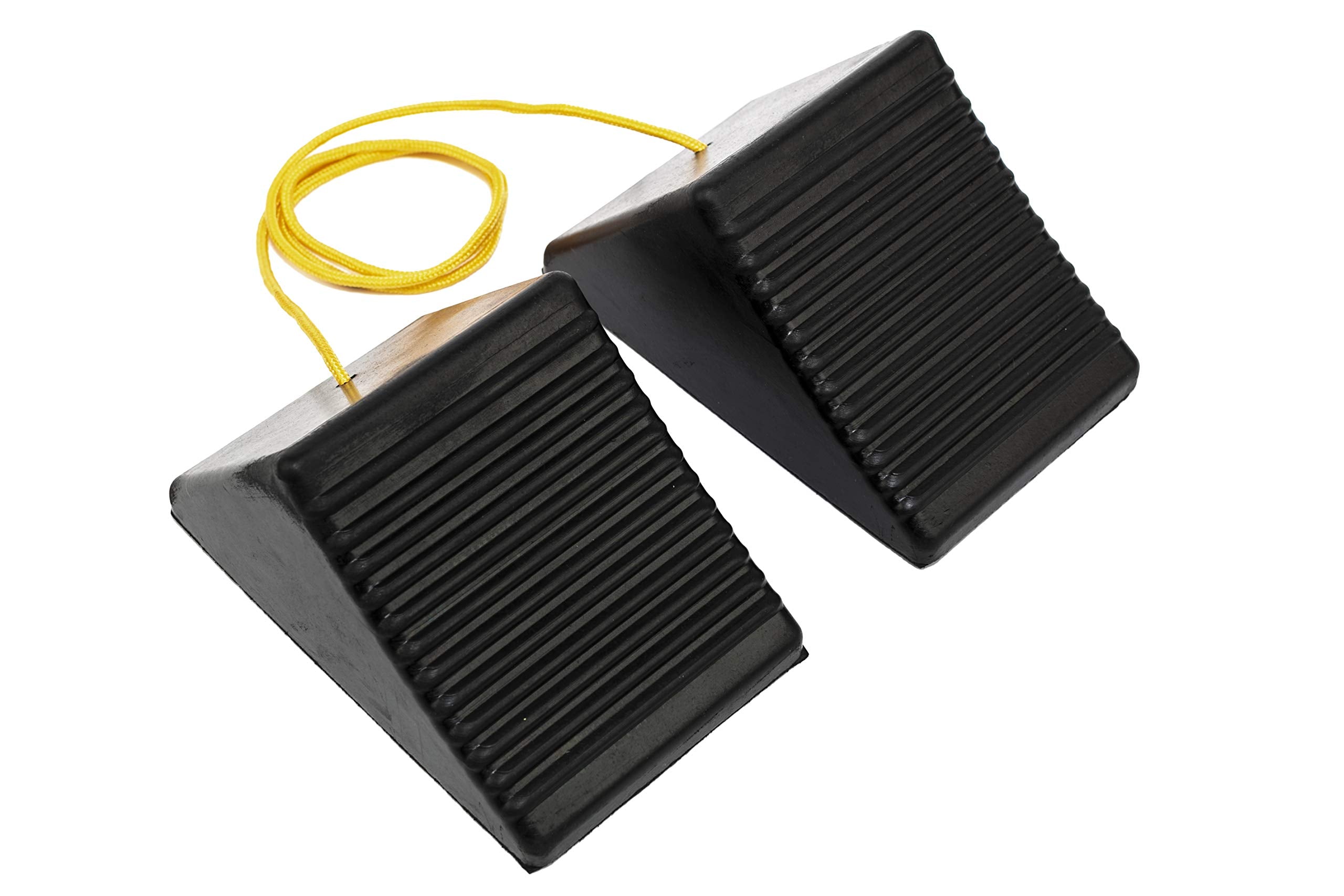 MAXXHAUL wheel chock front view showing solid rubber and rope for secure parking