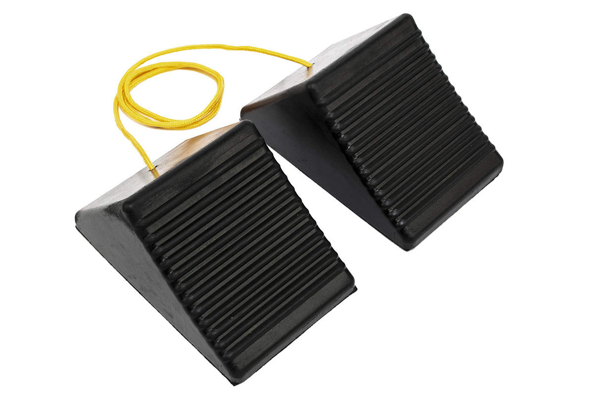 MAXXHAUL wheel chock front view showing solid rubber and rope for secure parking