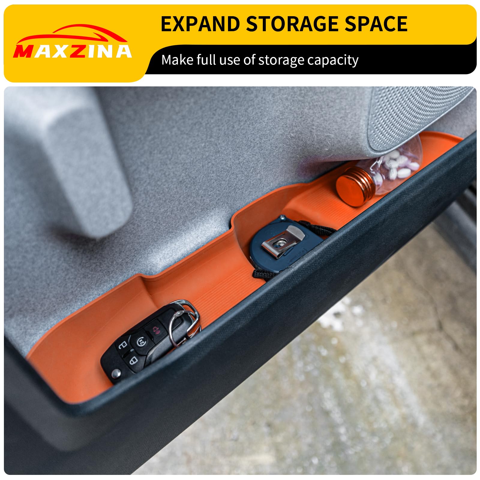 Maxzina tray installed in Ford Maverick driver door demonstrating organized storage