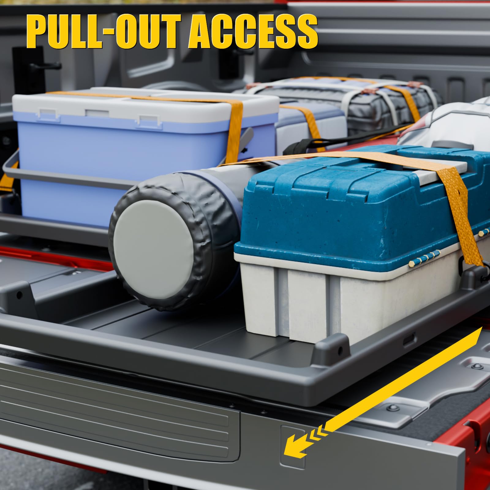 Maxzina tray in truck with camping gear illustrating organized outdoor hauling benefit