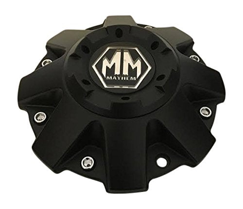 Mayhem center cap front view showing matte black finish and clean fitment benefit