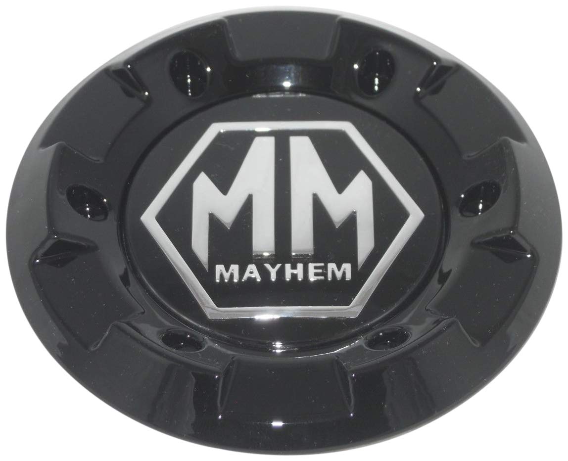 Mayhem center cap front view showing glossy black finish and clean appearance