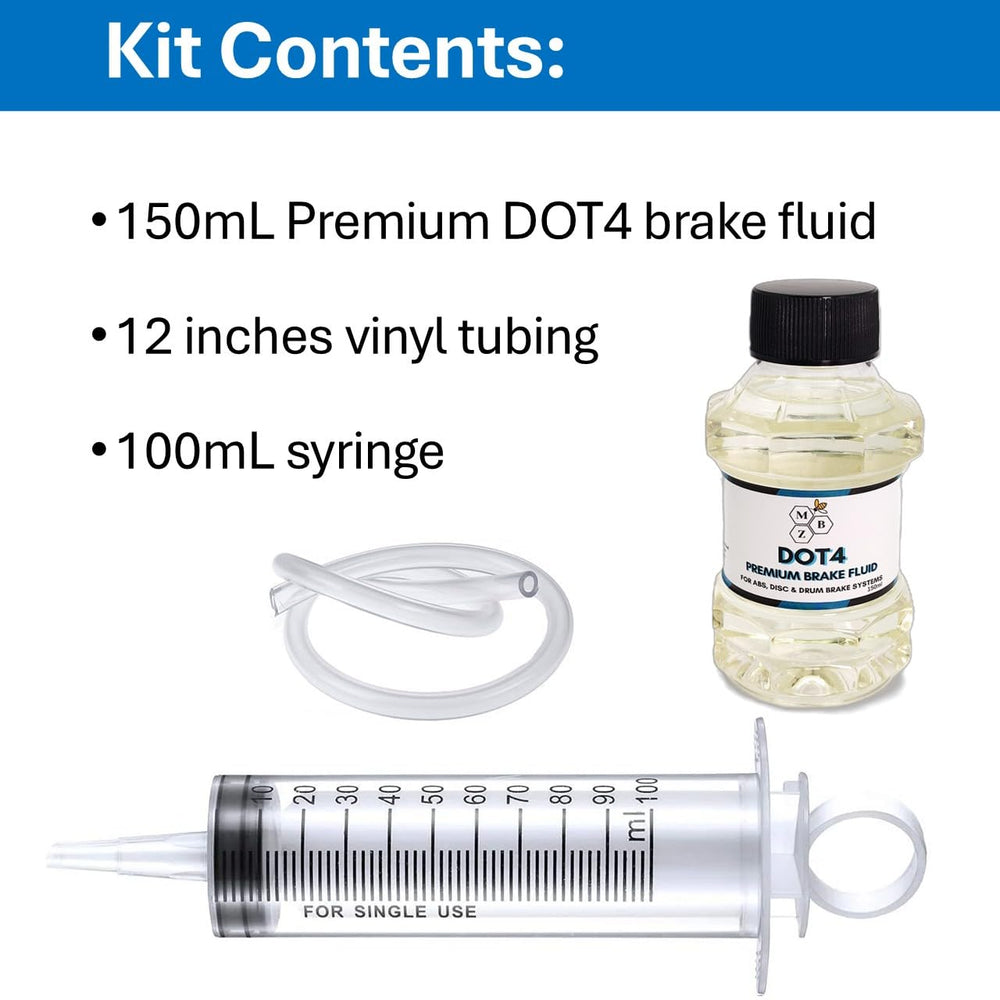 MBZ Moto 100mL syringe and vinyl tubing detail offering precise fluid control benefit