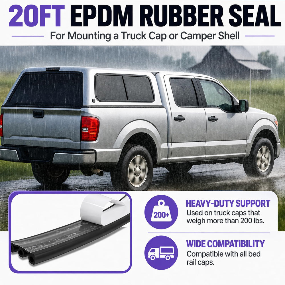 MCCKLE seal installed on truck bed rail under camper shell, reduces chatter and water ingress