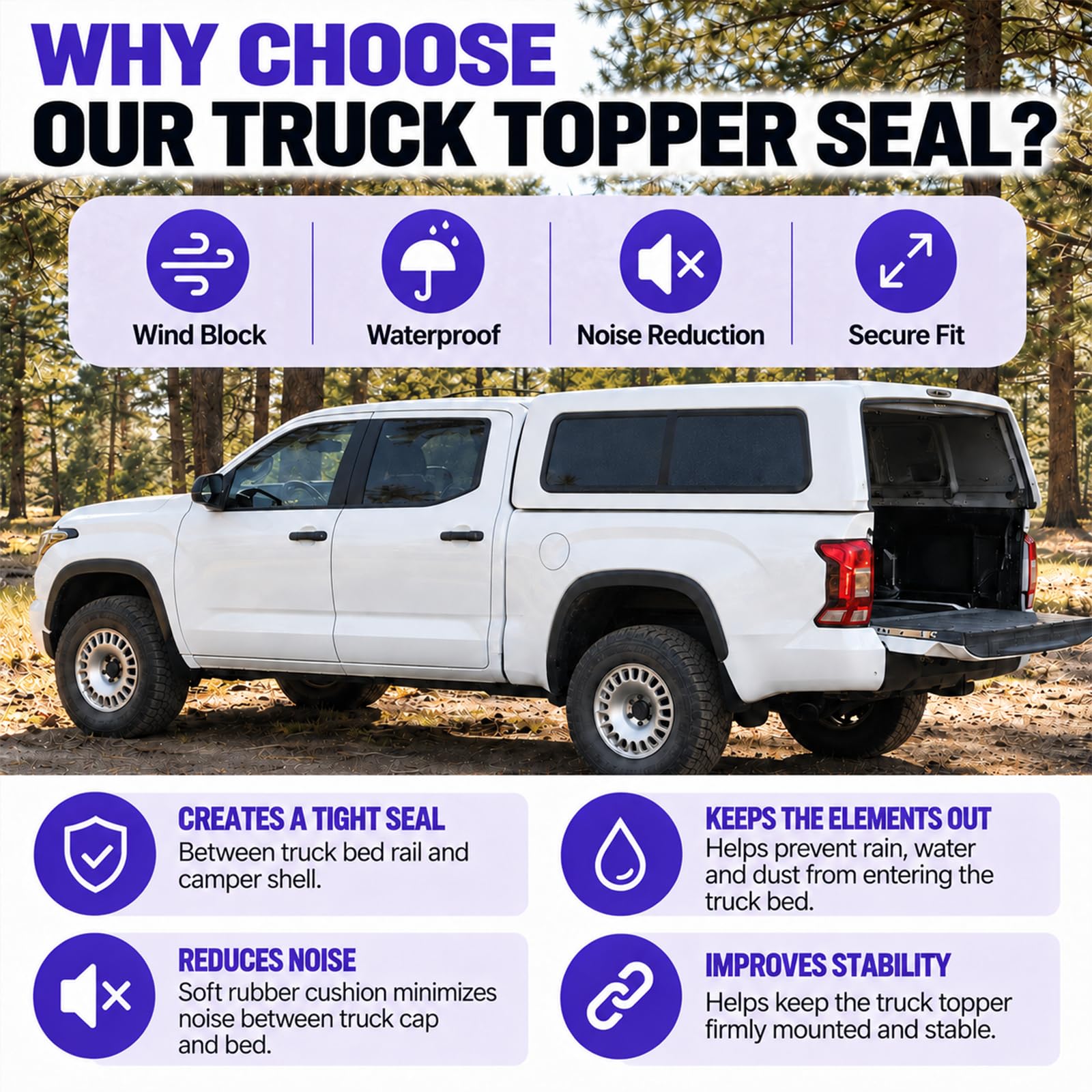 Truck with camper shell using MCCKLE seal, delivers quieter ride and protected cargo