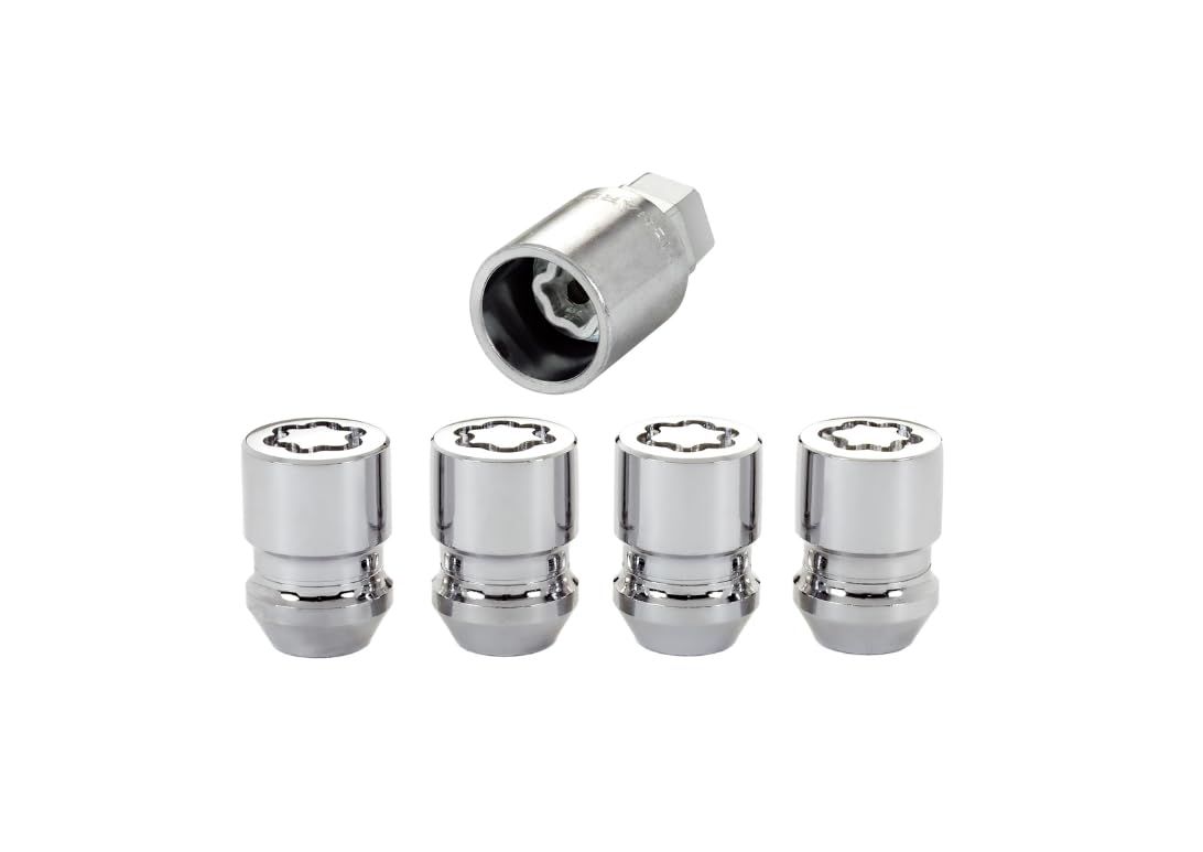 McGard chrome wheel locks front view showing four locks and one key for theft protection