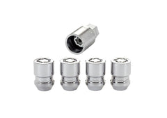McGard chrome wheel locks front view showing four locks and one key for theft protection