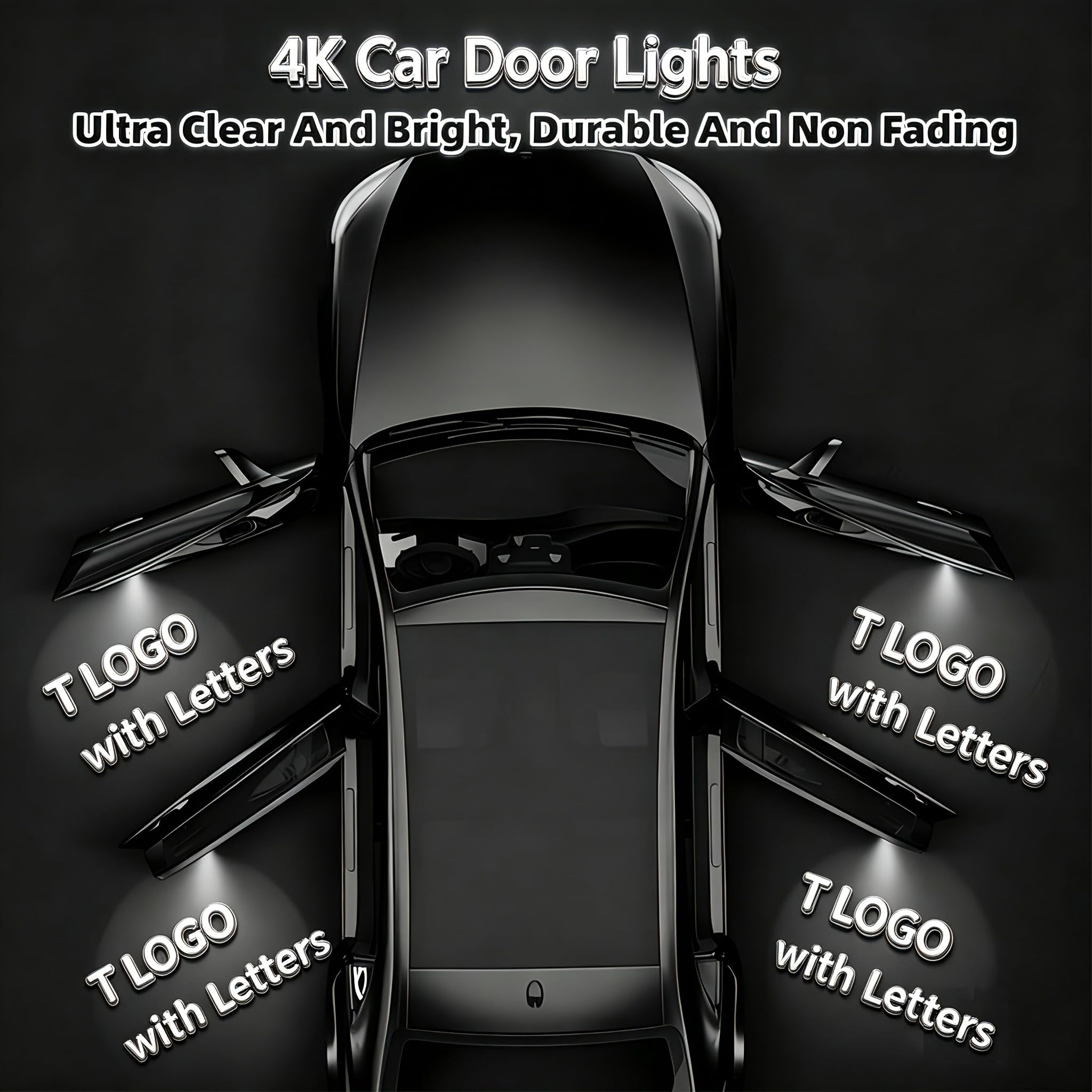 Meagkka lights installed at night on Tesla door projecting bright logo