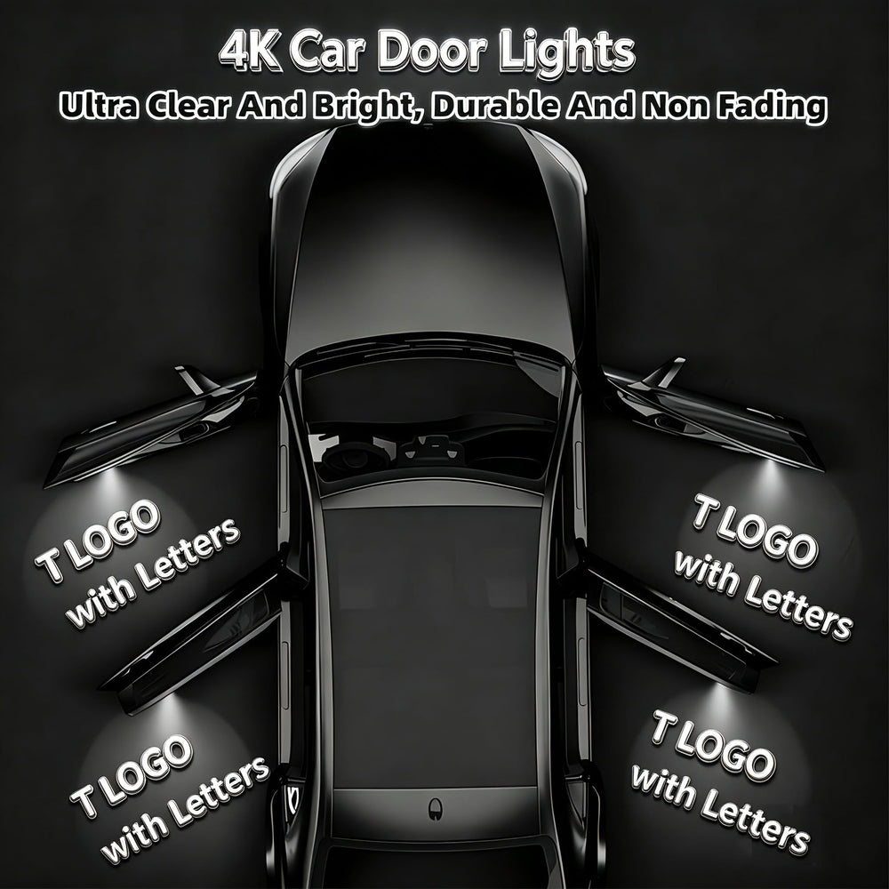 Meagkka lights installed at night on Tesla door projecting bright logo